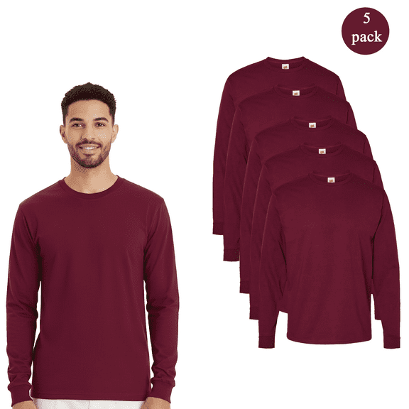 Hanes 5 Pack Essential Long Sleeve T-Shirt, Men's Crewneck Classic Athletic Cardinal Tee, S
