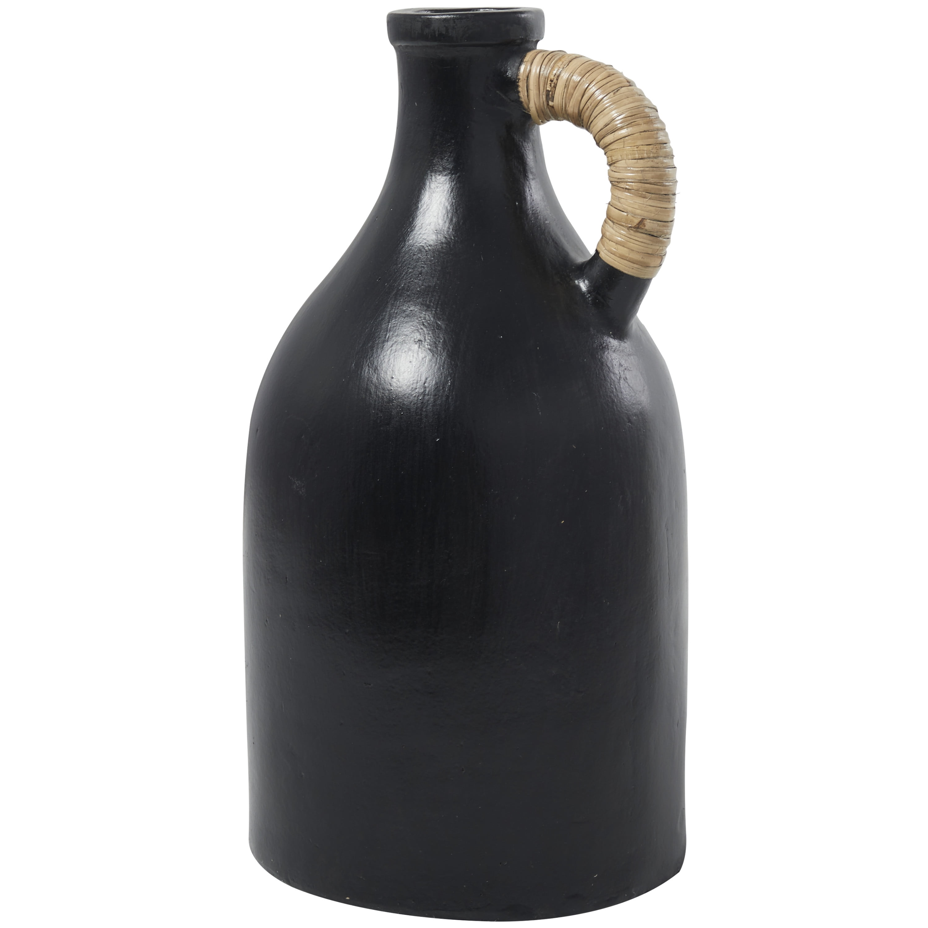 DecMode 18" Jug Inspired Black Ceramic Vase with Rattan Wrapped Handle