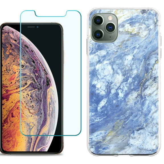 For Apple iPhone 11 Pro Max Phone Case , Slim-Fit TPU Case with Tempered Glass Screen Protector, by OneToughShield ® - Marble / Gem Blue