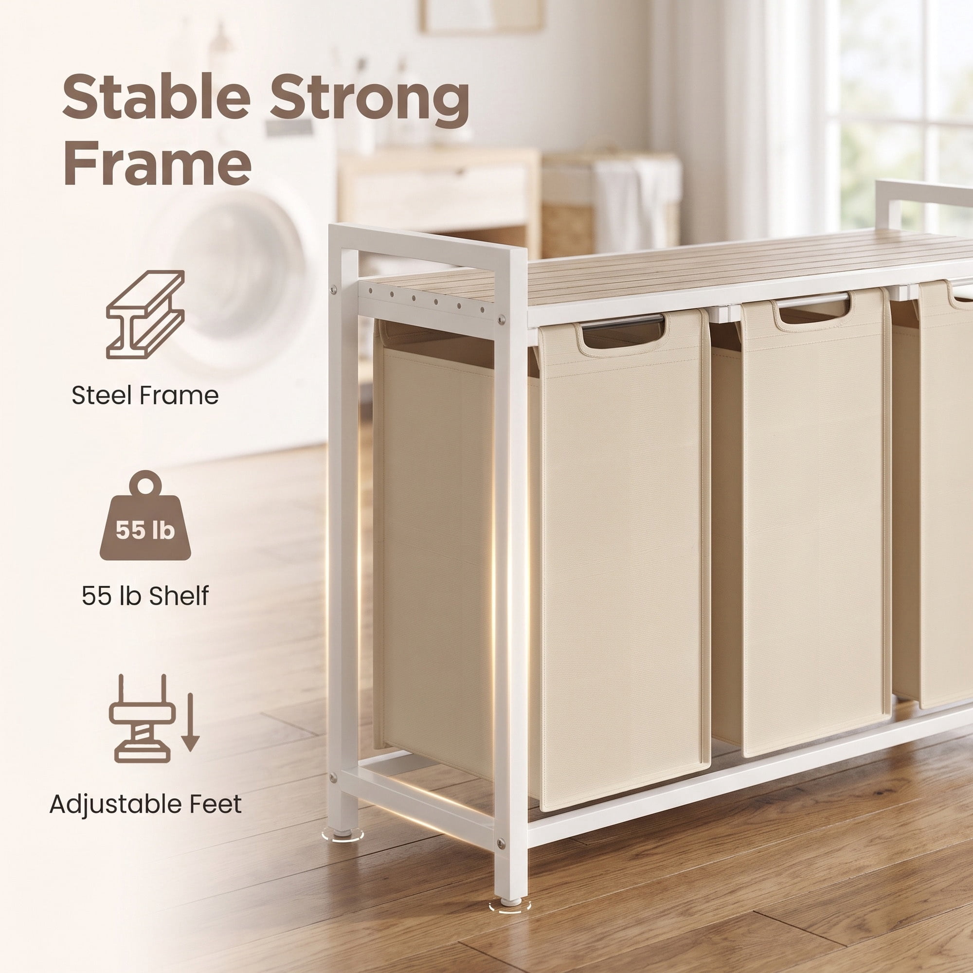 Ledrem 3-Bag Laundry Sorter Hamper with Pull-Out Bags and Shelf,Cappuccino Beige and Natural Beige