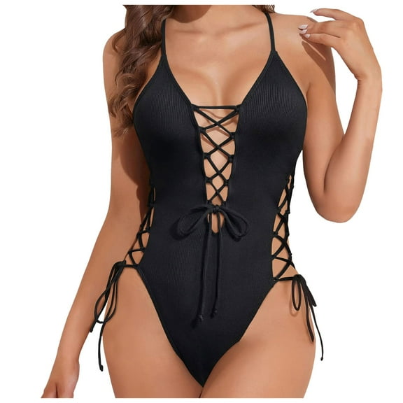 TTUHYWXI Women Sexy Lace Up One Piece Swimsuit Deep Plunge V Neck High Cut Bathing Suits (Black, XL)