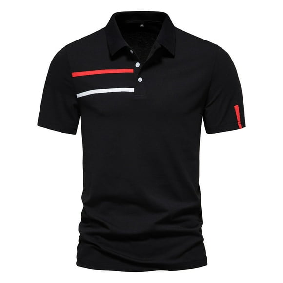 BOBOGOJP Polo Shirts For Men Short Sleeve T-Shirt Classic Plaid Collar Soft Cotton Shirts (Black,L)