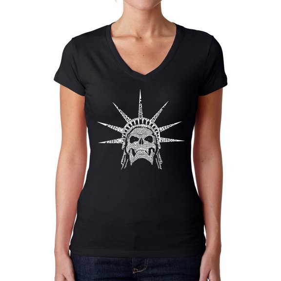 Women's Word Art V-Neck T-Shirt - Freedom Skull