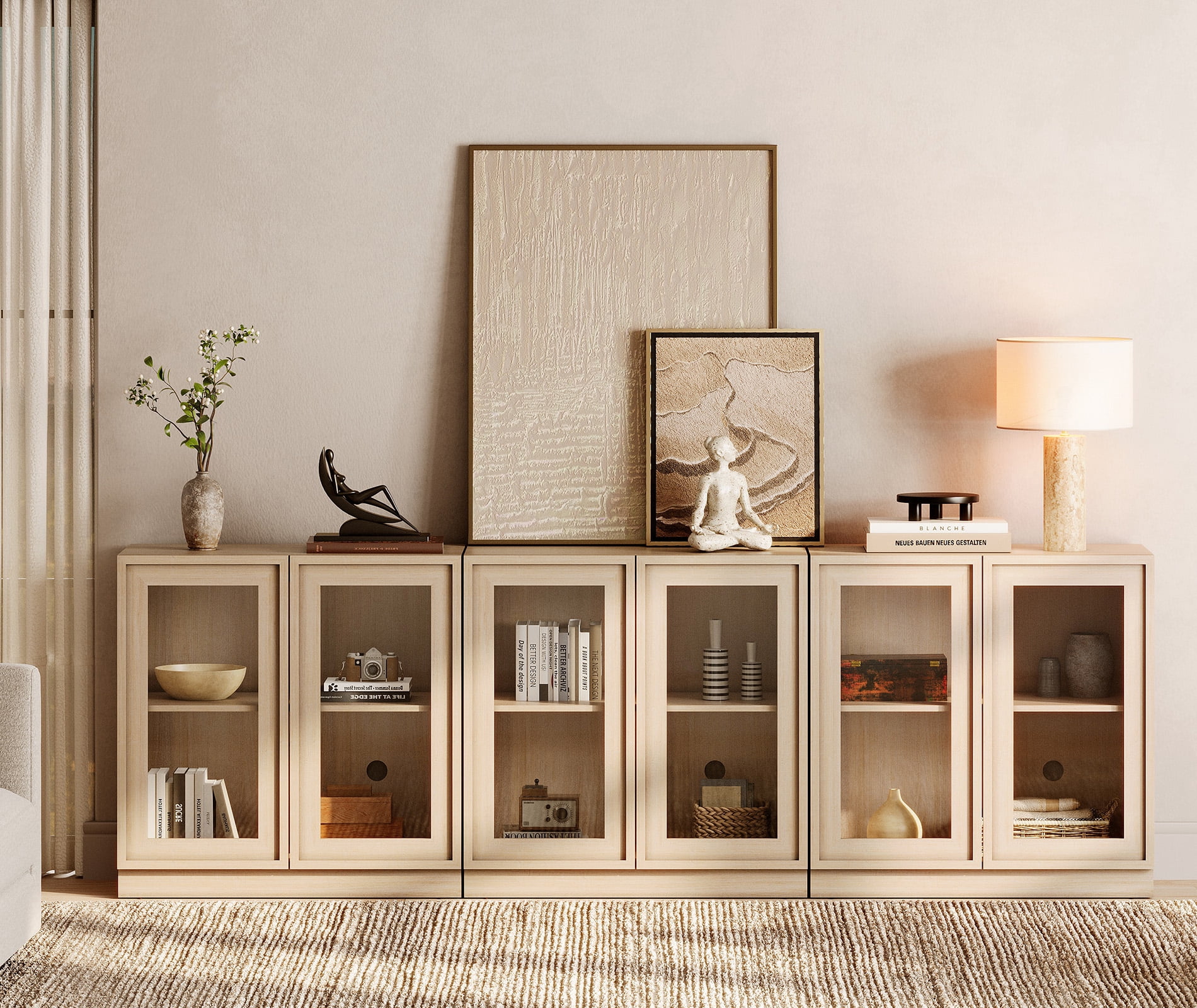 94.5" Modern Sideboard Buffet Cabinet with 6 Glass Doors, Multifunctional Sideboard with Large Storage and Adjustable Shelf, Beige