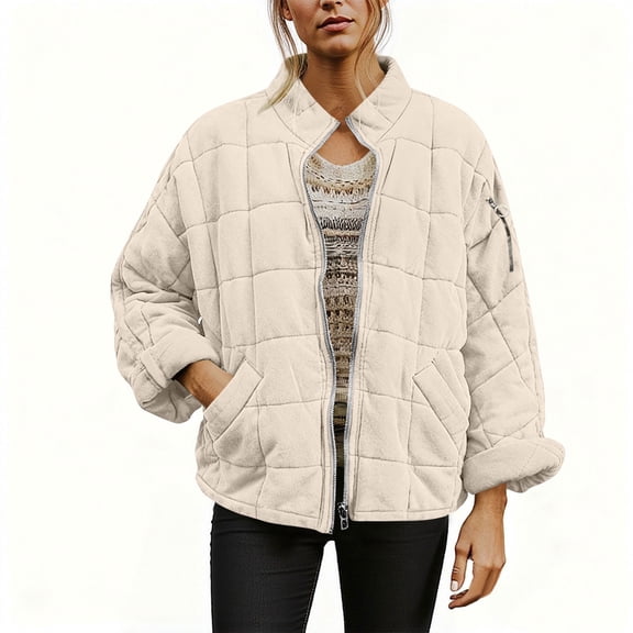 SwiftWear Women's Causal Lightweight Quilted Puffer Jackets Oversized Warm Zip Up Coat with Pockets​, Beige