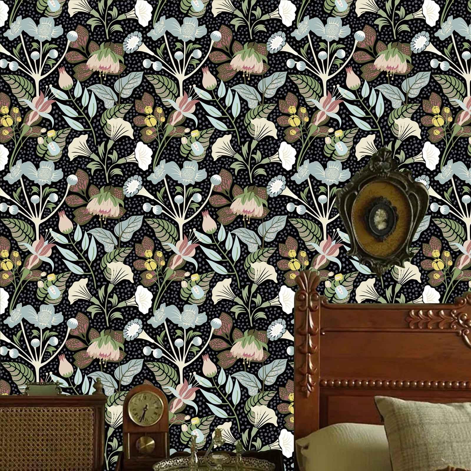 (4 pack) Abyssaly Floral Peel and Stick Wallpaper 17.7" x 118" Self-Adhesive Removable Black Morning Glory Contact Paper for Kitchen Bedroom Cbinet Wall Decoration