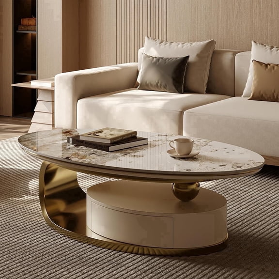 Modern Oval Coffee Table for Living Room, 51.2" Sintered Stone Coffee Tabletop with Storage Drawer, Minimalist Living Room Table with Metal Base, Gold Center Table Tea Table for Home Office