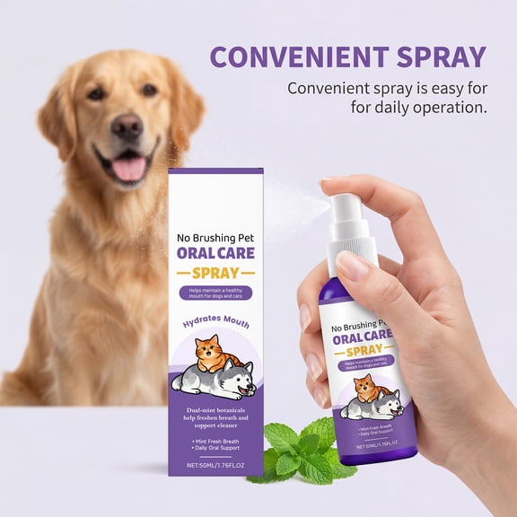 Pet Oral Care Spray 50ml. Gentle care for the mouths of cats and dogs. Cleans breath and removes dental stains. 50ml spray.