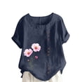 thumbnail image 2 of Lydiaunistar Hauts d'Été pour Femmes Blouse en Lin Décontractée Col Rond Polyester Mode Grande Taille Manches Courtes T-shirt à Boutons, 2 of 4