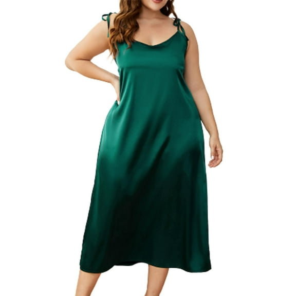 Jalioing Women's Plus Size Cami Nightdress Satin Suspender Pajamas Dress Spaghetti Strap Long Nightgown (X-Large, Green)