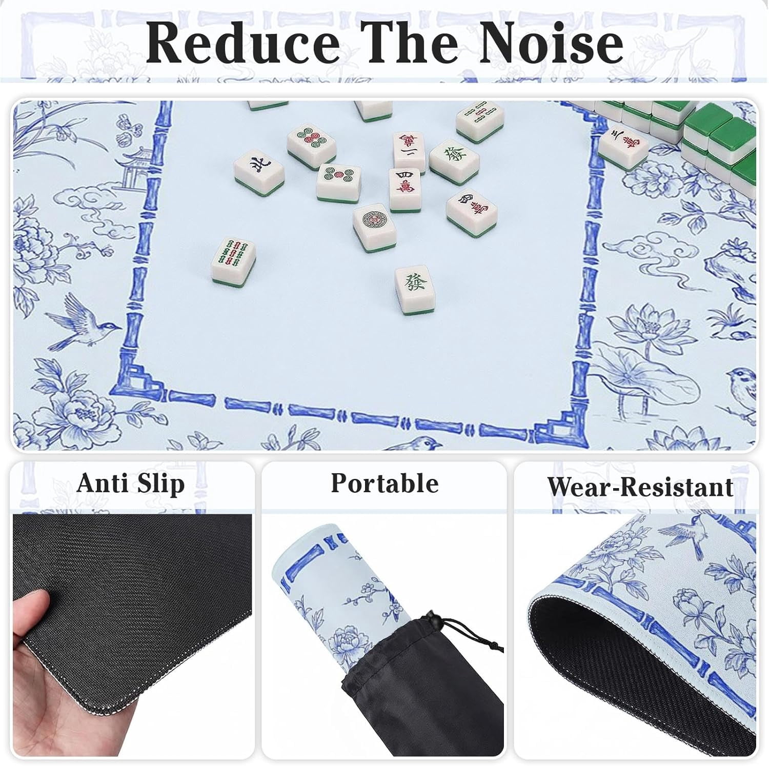 Mahjong Mat with Black Carrying Bag Blue Floral Bird Non-Slip Noise Reduction Gaming Mat 31.5" x 31.5" Rubber Multi Purpose Game Table Cover for Mahjong Card Dominoes Board Tile Games