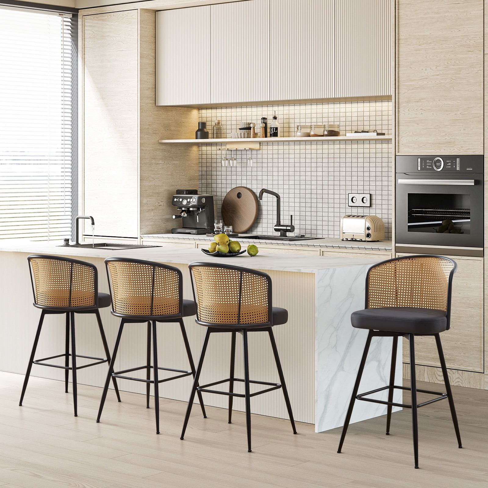 Foreate Cane & PU Swivel Barstools Set of 2, 29" Seat Counter Height w/ Rattan Mid-Back Metal Legs, Upholstered Leather Modern Armless Bar Stools Chairs for Kitchen Island Pub