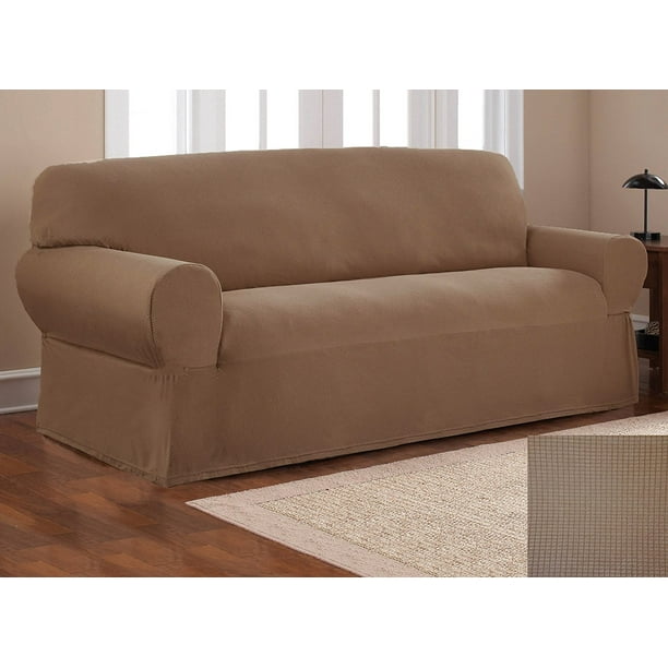 Fancy Linen Sure Fit Stretch Fabric Sofa Slipcover 2 Pc Solid Light Brown New Com Fancy Linen Sure Fit Stretch Fabric, Brown Sofa Cover Set
