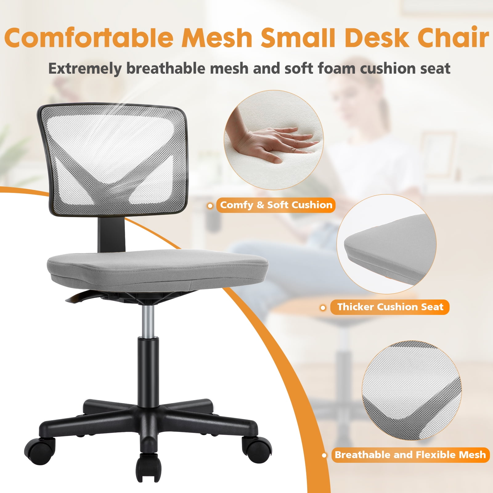 CONCETTA Ergonomic Home Office Mesh Desk Chair, Small Space, Armless Rolling Chair for Adults, Gray