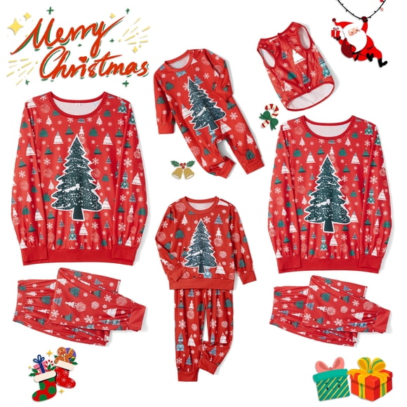 Pijamas navideños familiares a juego, conjunto de pijama con estampado de árbol de Navidad (camiseta y pantalón) para bebé/perro/perro/peluche).