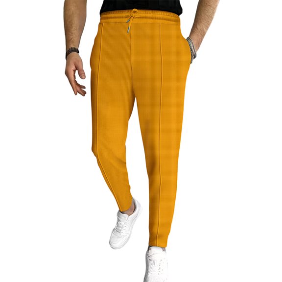 LWavelet Mens Houndstooth Pattern Pants Elastic Waist Slim Fit Casual Pants Orange L