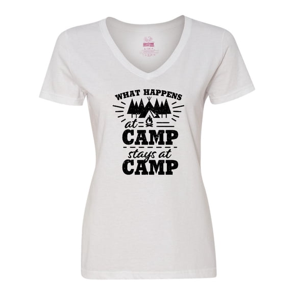 Inktastic What Happens at Camp Stays at Camp with Tent and Woods Women's V-Neck T-Shirt