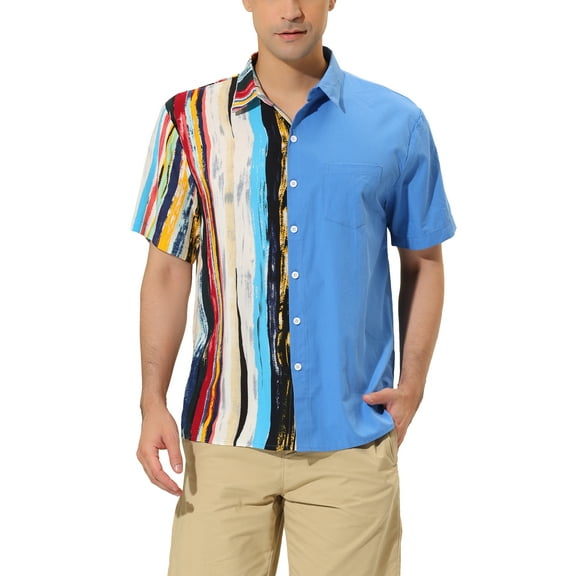 INSPIRE CHIC Men's Button Down Shirt Color Block Short Sleeve Striped Summer Shirts L White Blue