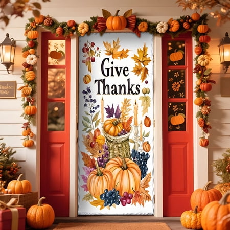 AUQ 2026 New Thanksgiving Door Cover,Fall Maple Leaves Turkey Pumpkin Thanksgiving Decor for Indoor Outdoor Friendsgiving Themed Door Banner Fall Party Decorations Supplies-35X78In,35X78In