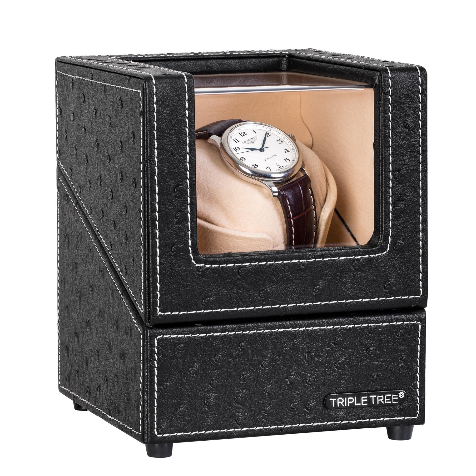 Triple Tree Single Watch Winder For Automatic Watches With Super Quiet Japanese Motor 4 Rotation Mode Setting Premium Black Ostrich Leather Exterio