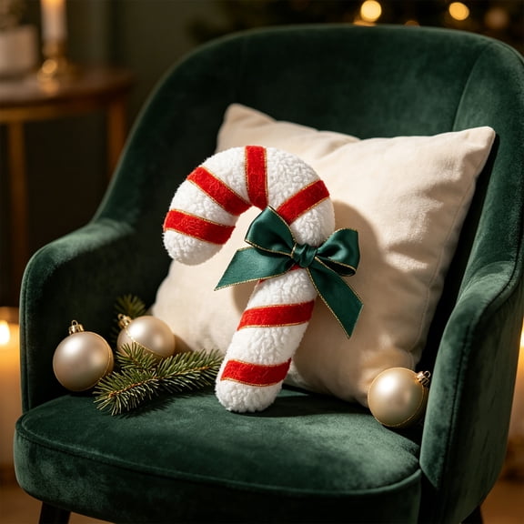 Cififendec Christmas Candy Cane Shaped Throw Pillow, 8.27", Striped Plush Cushion with Green Bow for Xmas Sofa Fireplace Mantel Decor Layout