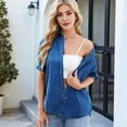 thumbnail image 4 of Womens Denim Shirt Business Casual Button Down Work Blouses Puff Sleeve Summer Tops Dark Blue M, 4 of 7