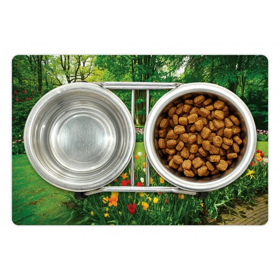 Garden Pet Mat for Food and Water, Garden with Tulip Flowers and Trees Springtime in Keukenhof Netherlands Europe, Non-Slip Rubber Mat for Dogs and Cats, 18" X 12", by Ambesonne