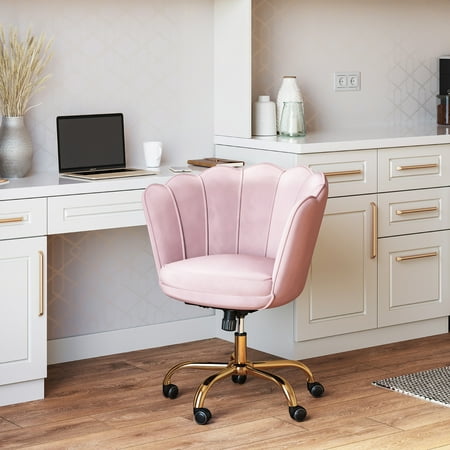 BELLEZE Kaylee Office Chair Upholstered Velvet Seashell Swivel Desk Chair Task Chair Height Adjustable Golden Leg, Pink