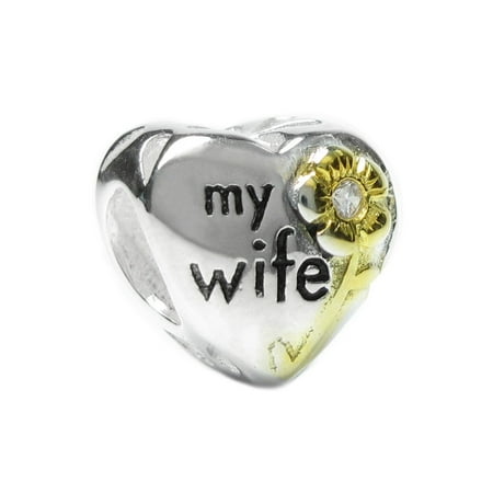 Flower Pandora Charm - Sterling Silver Cubic Zirconia Love My Wife Flower Family Heart Bead Charm Fits Pandora European Charm Bracelets