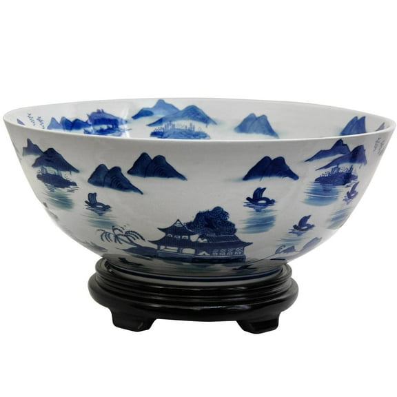 Handmade Porcelain 14-inch Blue and White Landscape Bowl (China)