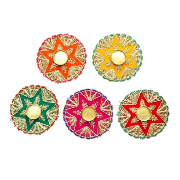 Set of 5 Mat Aasan Rangoli with Tea Light Candle Holder T-Light Stand for Home Made up Velvet cloth Golden Embroideries for Christmas Decorations New year Gifts Festival Decorations Decor (Size:-5")