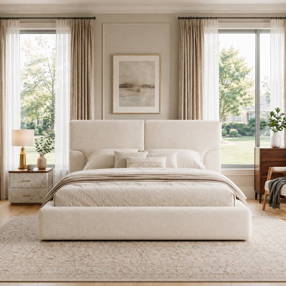 UHOMEPRO Queen Bed Frame, Boucle Upholstered Cloud Bed with Adjustable Headboard, Rounded Corners, 800LBS Heavy Duty, No Box Spring Required, Easy Assembly, Cream White