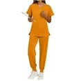 thumbnail image 6 of Stamozd Women's Solid Color Protective Work Clothes Loose Side Slit Pocket Protective Work Clothesshort Sleeved V-Neck Button Up Top Drawstring Tied Foot Pants Set Orange D XL, 6 of 9