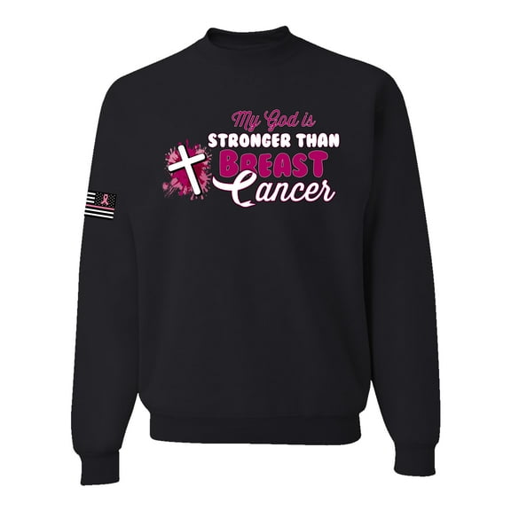 Wild Bobby My God is Stronger Than Breast Cancer Paint Splatter Cross US Flag Breast Cancer Awareness Unisex Crewneck Sweatshirt, Black, Small