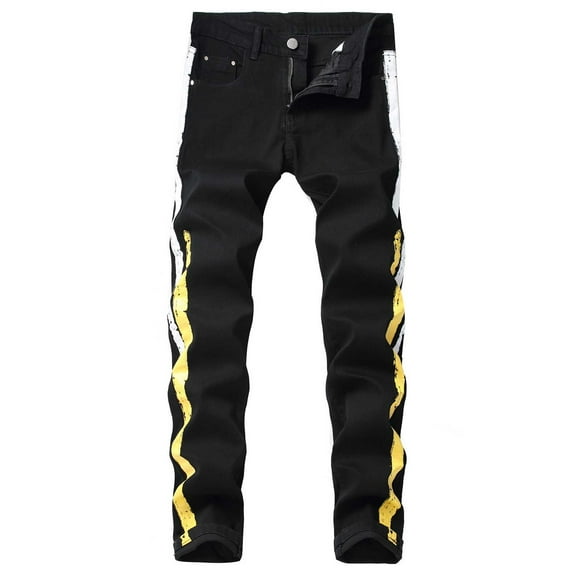 Jeans for Men 2023 Classic Moto Casual Men's Slim Stretch Jeans Personality Print Cotton Straight Ripped Hole Trousers Jeans Pants Full Length Pants Mens' Judy Blue Jeans on Clearance