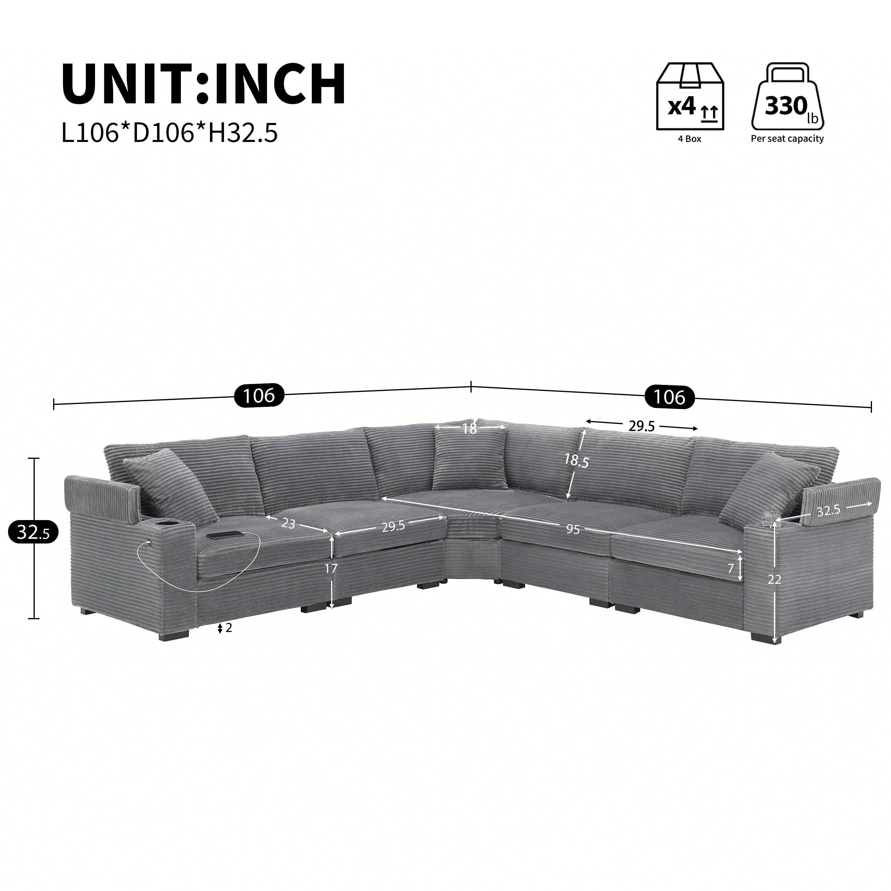 Sectional Sofa, L-Shape Sofa, Convertible Couch, Corner Couch with Armrest Storage and Cup Holders, Corduroy Sofa for Living Room, Gray