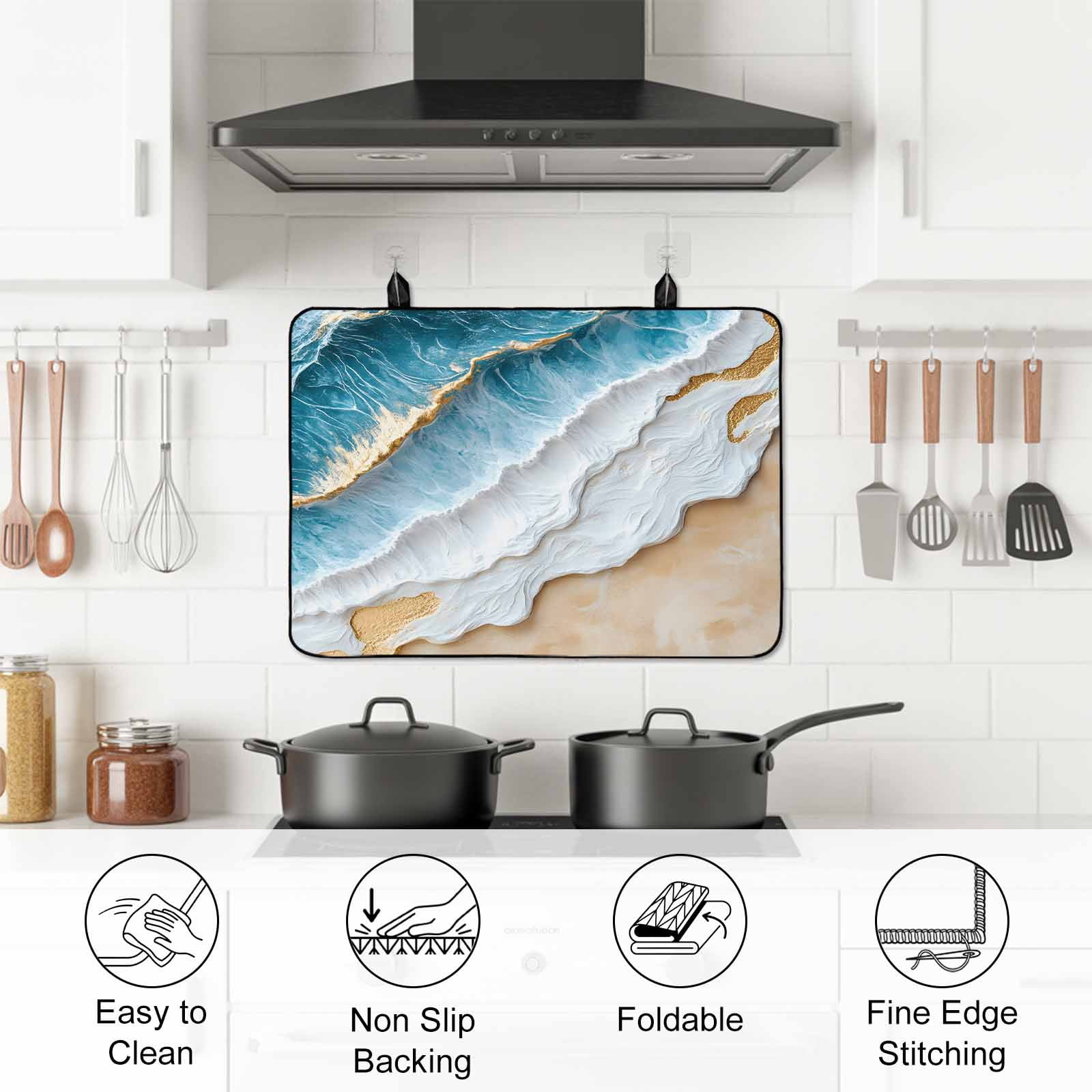 Coastal Beach Stove Top Cover for Electric Stove, Heat-proof & Non Slip Glass Top Stove Cover Protector, Nautical Ocean Blue Beige Seaside Kitchen Flat Cooktop Rubber Mat 24x21 Inches