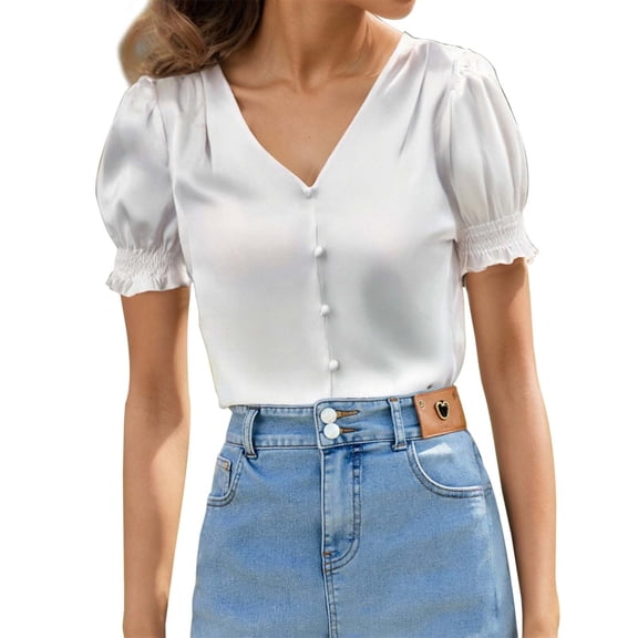 MIXUE Women Blouses Satin Solid Color V Neck Button Up Casual Short Sleeve Ruffle Hem Fashion Womens Summer Tops Beachwear,White,XS
