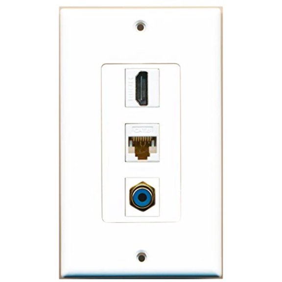 RiteAV - 1 Port HDMI and 1 Port RCA Blue and 1 Port Cat6 Ethernet White Decorative Wall Plate Decorative