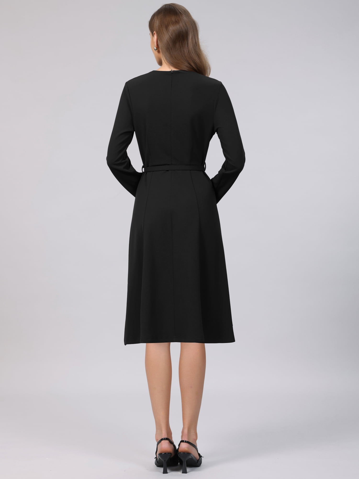 DARING DIVA Women's A-Line Work Lapel V Neck Long Sleeve Flare Dress M Black