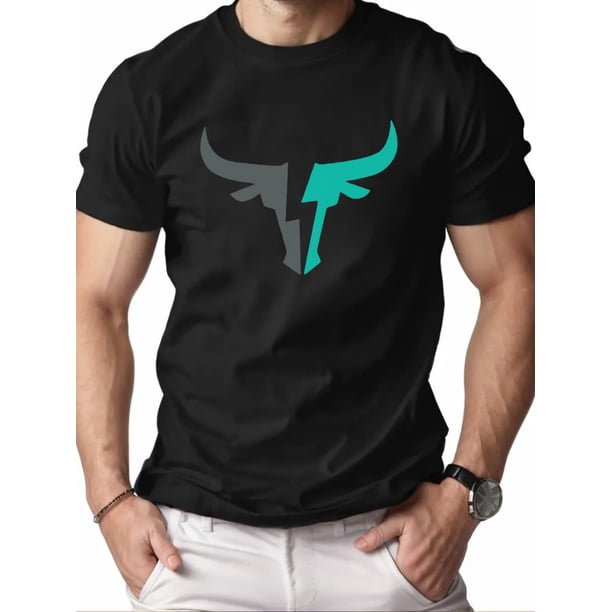 Camiseta informal de manga corta y cuello redondo para hombre con estampado de cabeza de toro, color negro con diseño geométrico en verde azulado. Algodón ligero. Ideal para verano, para uso en exteri