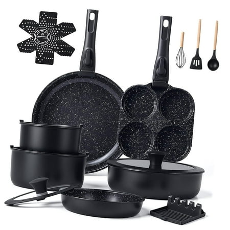Hyjoy 21-Piece Ceramic Pots and Pans Set Non Stick with Detachable Handles and Frying Pan, Cookware, Induction Ready, Oven Safe, Stackable for