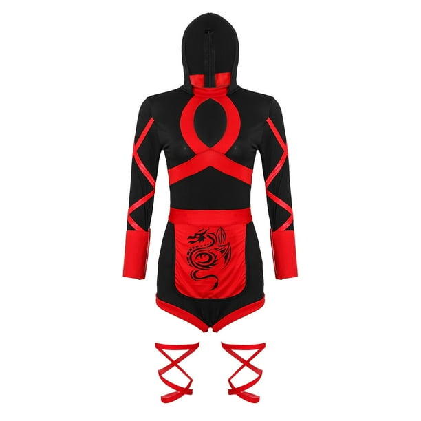 Disfraz de ninja para mujer, conjunto completo rojo y negro para fiestas temáticas, multifuncional. L