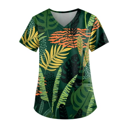 

TKing Fashion Independence Day Women Plus Size Scrubs Top V-Neck Short Sleeve Printed Pockets Work Blouse for Women Green L