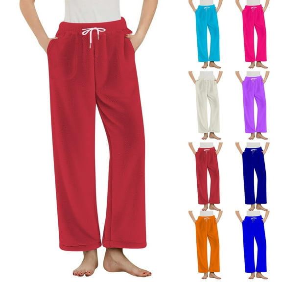 Nfurl Women's Flannel Pjs Bottoms with Pockets Comfy Elastic Waist Wide Leg Lounge Sleep Pants Ladies Warm Winter Christmas Pajamas Pant Hot Pink M