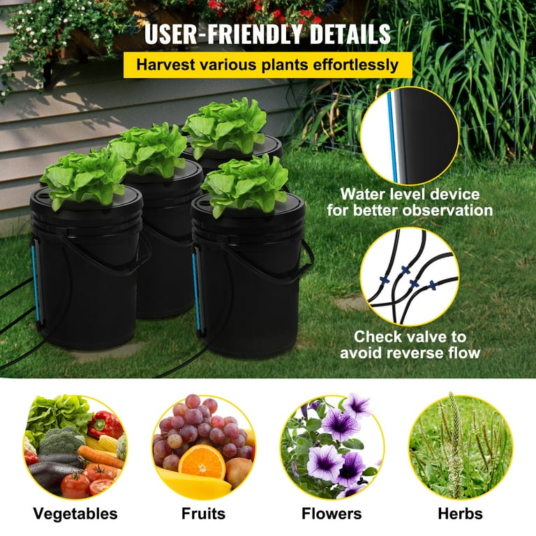 KFFKFF 5 Gallon 4 Buckets DWC Hydroponic System Deep Water Culture