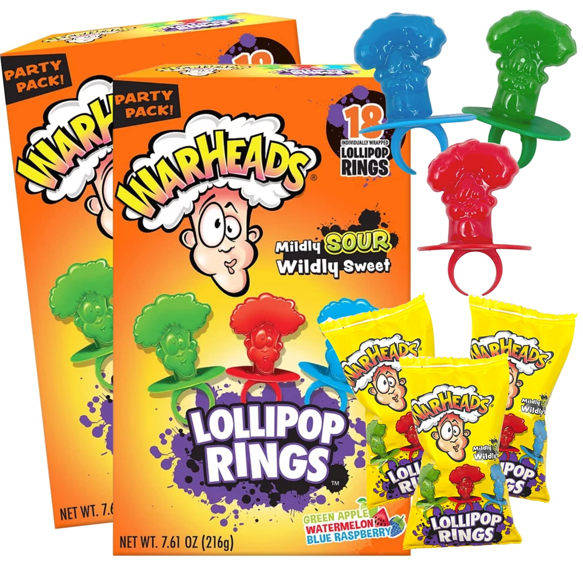 Warheads Extreme Sour Lollipop Rings, Individually Wrapped, Pack of 2, 18 Count Boxes