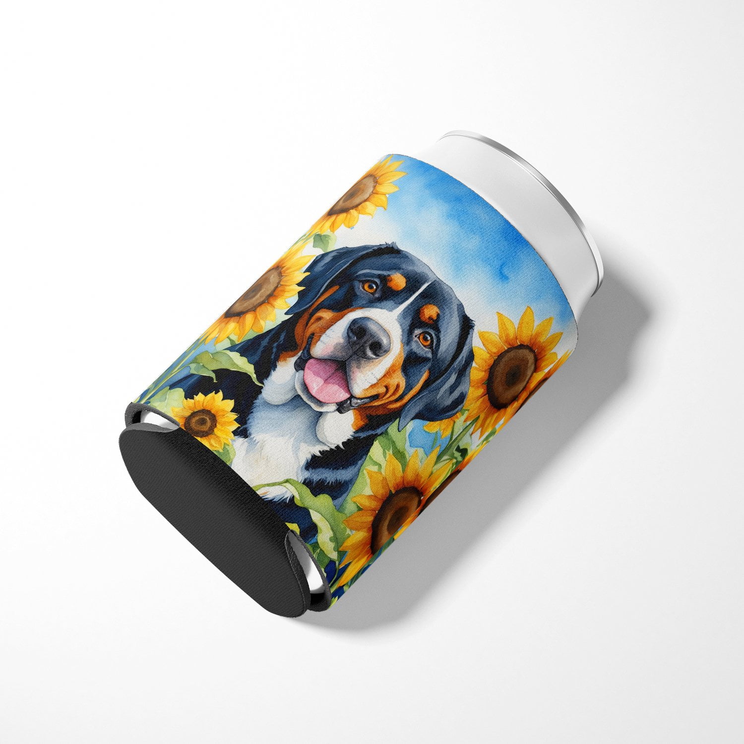 Greater Swiss Mountain Dog in Sunflowers Can or Bottle Hugger 3 in x 5 in