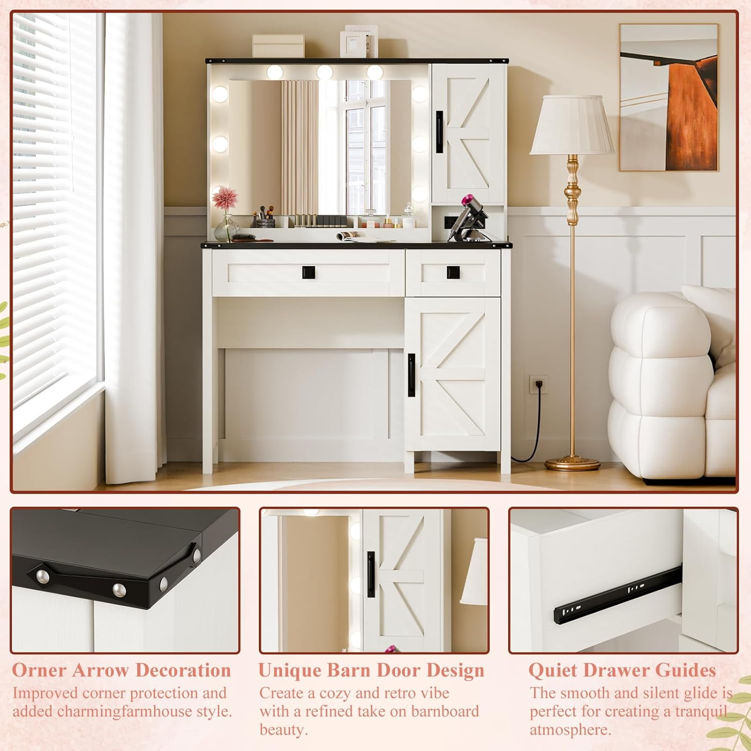 Vanity Desk with Mirror and Light, 39" Makeup Table with 2 Drawers, Cabinets & Power Outlet, 3 Lighting Modes Adjustable, Rustic Bedroom Dressing Table for Girls, Women, White