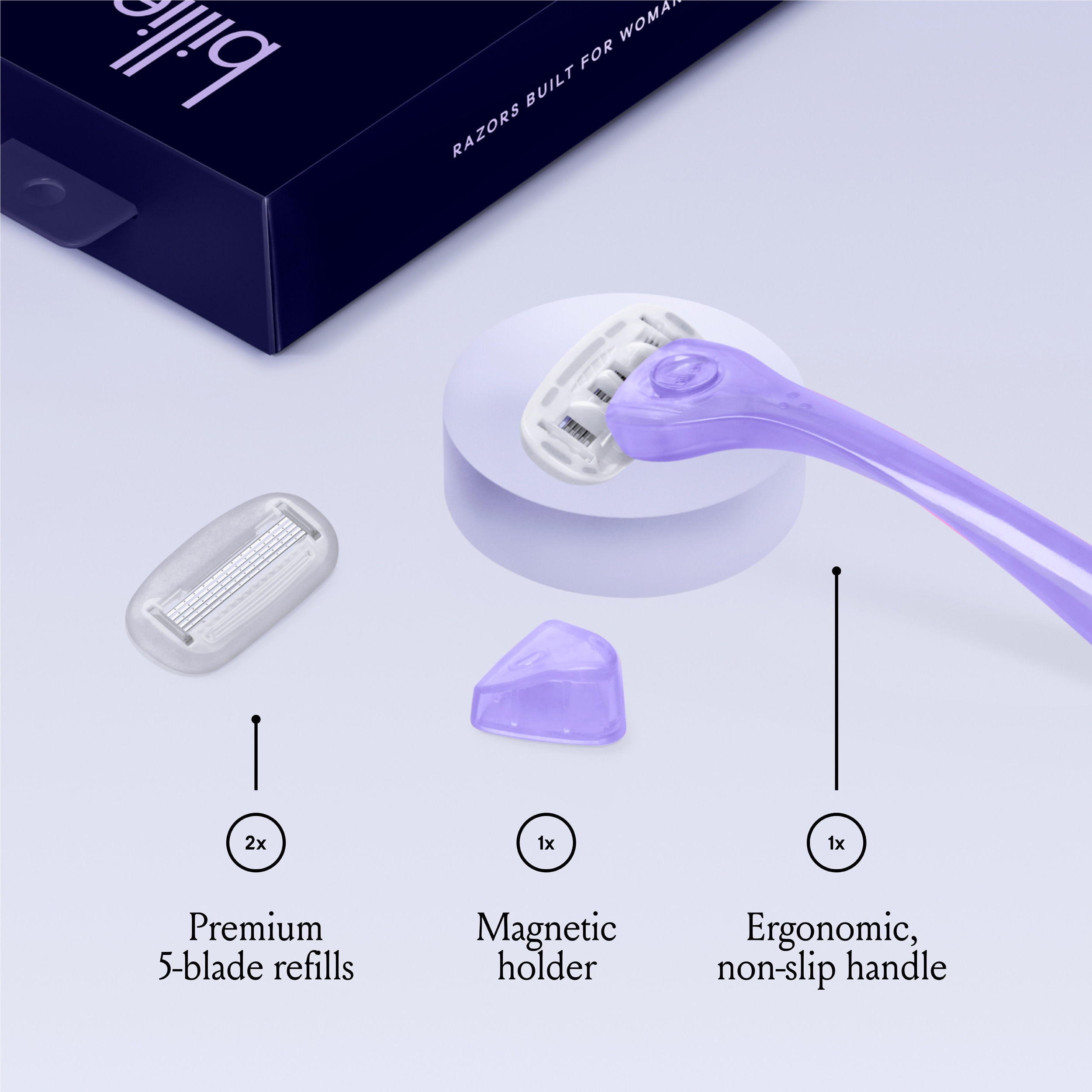 Billie Women’s Razor Kit - 1 Handle + 2 x 5-Blade Refills + Magnetic Holder - Moonbeam